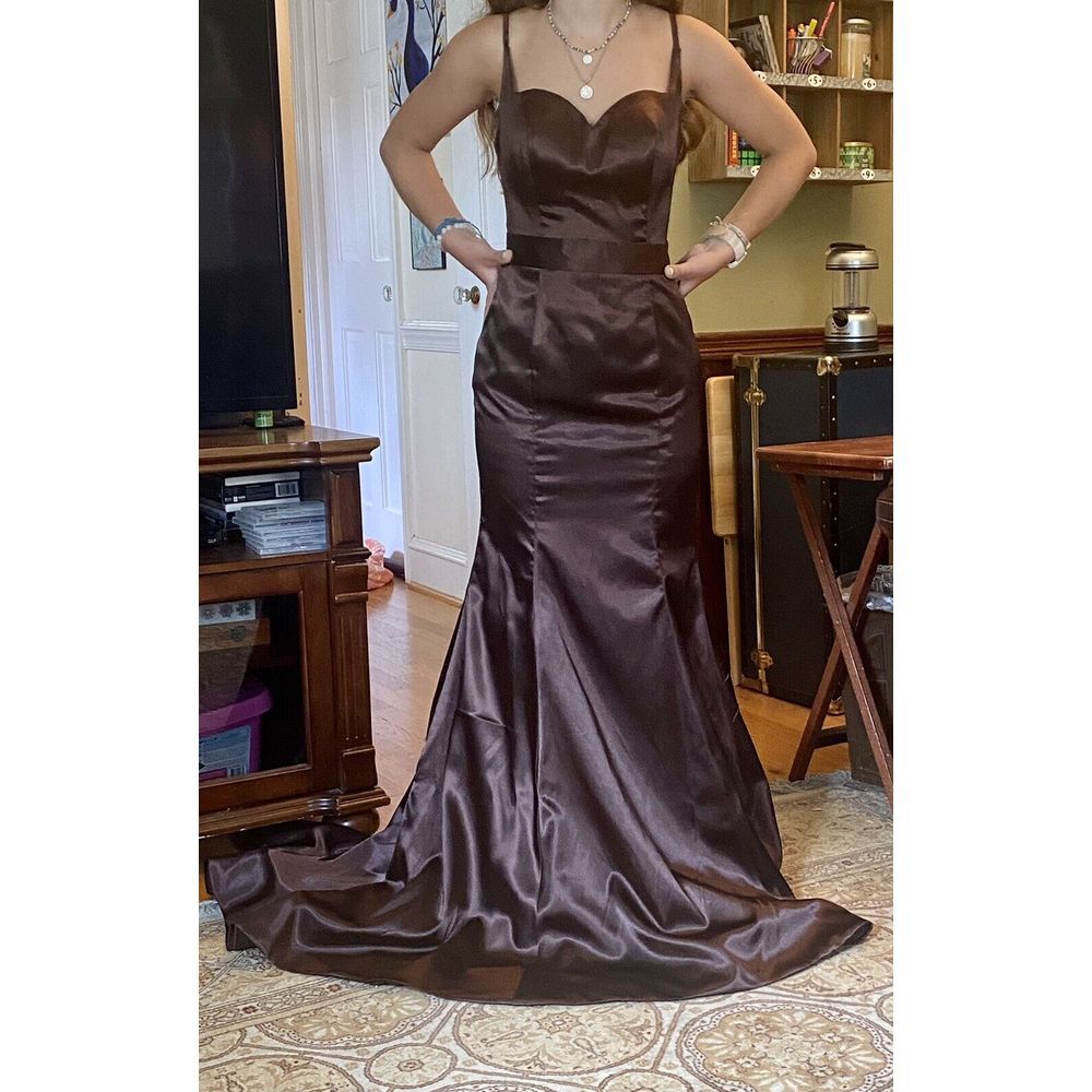 New Hebeos 2/XS Trumpet Mermaid Train Chocolate Brown Satin Prom‎ FORMAL dress